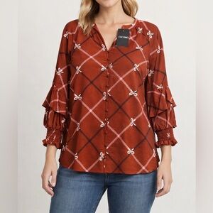 Cocomo Rust Bow Print Button Front Blouse Ruffle Sleeves Size L NWT